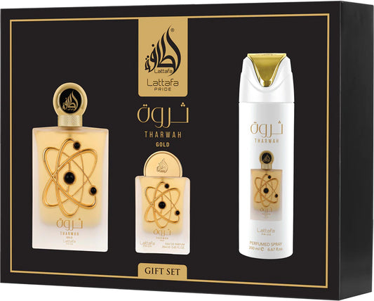 Lattafa Pride Tharwah Gold Giftset Eau De Parfum 100ml + 20ml + Deodorant 200ml Women Fragnance 0
